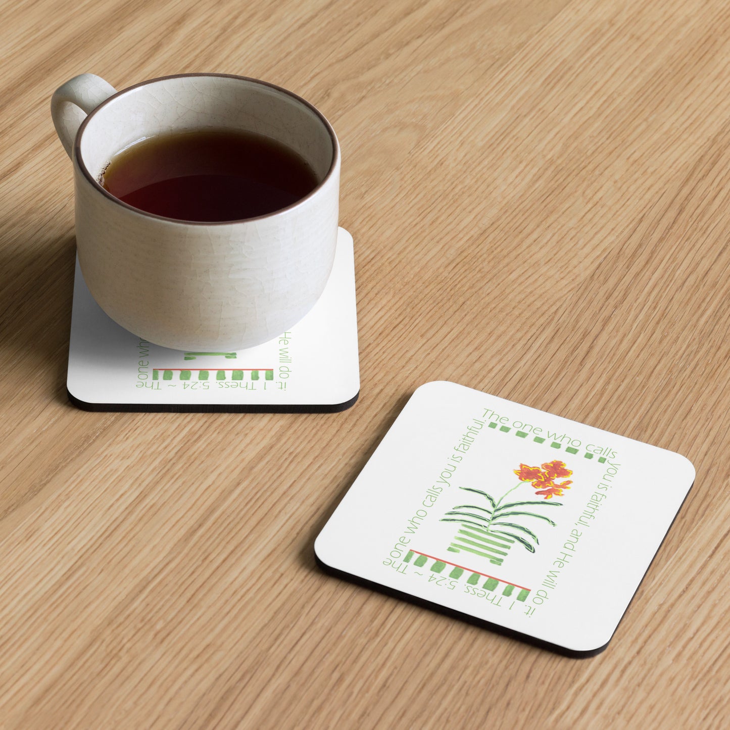 Lively Green - Green Stripes and Orange Flowers Coaster