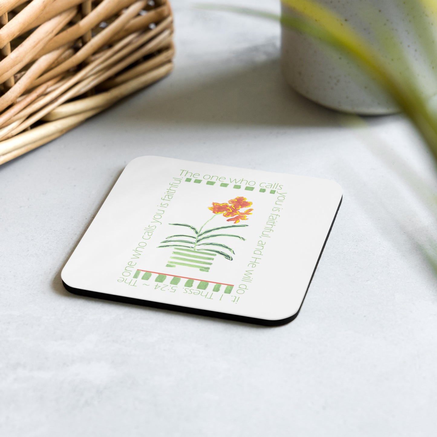 Lively Green - Green Stripes and Orange Flowers Coaster
