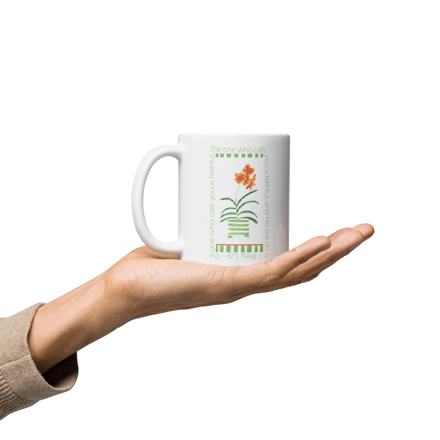 Lively Green - Green Stripes and Orange Flowers Mug