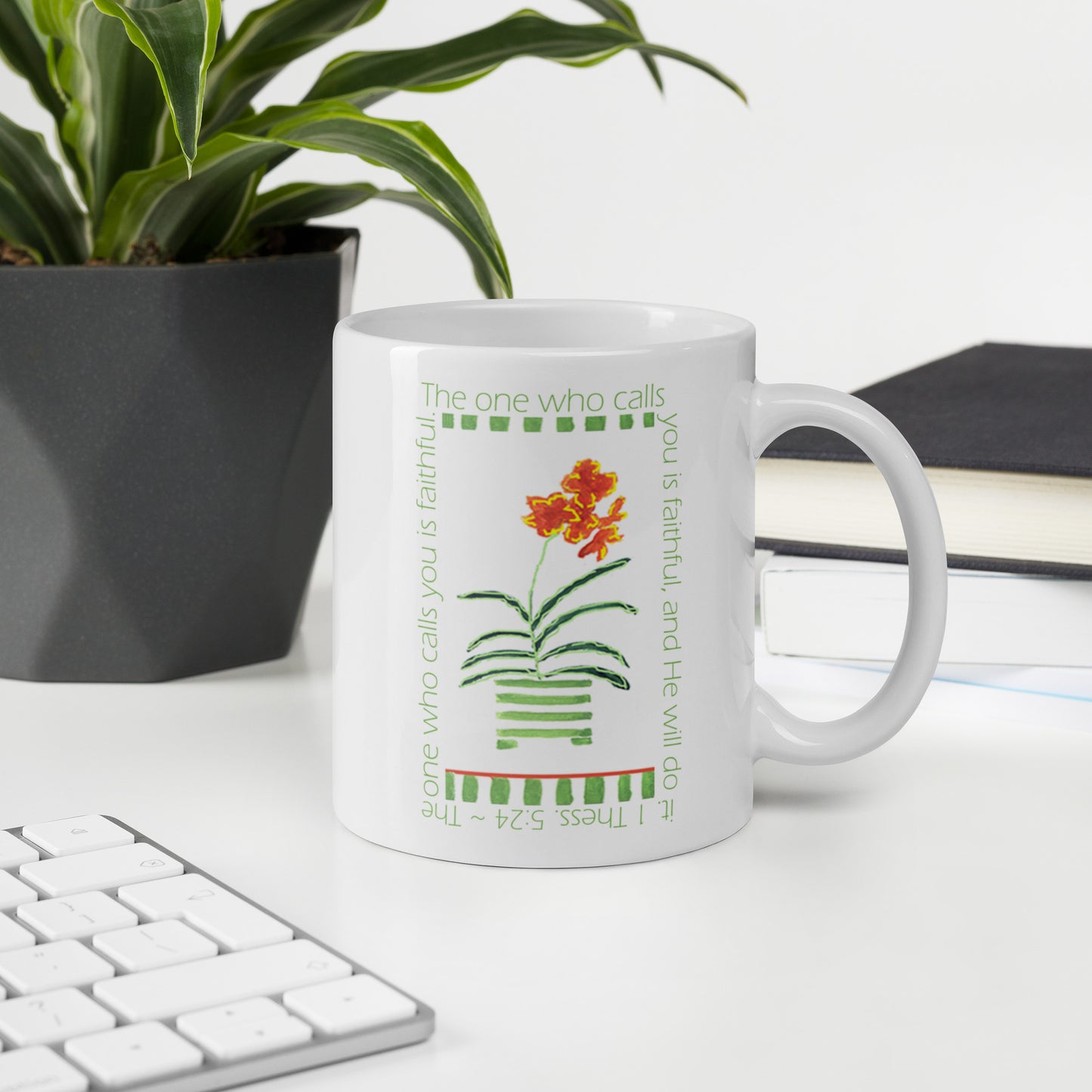 Lively Green - Green Stripes and Orange Flowers Mug