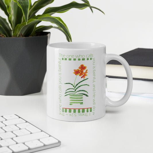 Lively Green - Green Stripes and Orange Flowers Mug