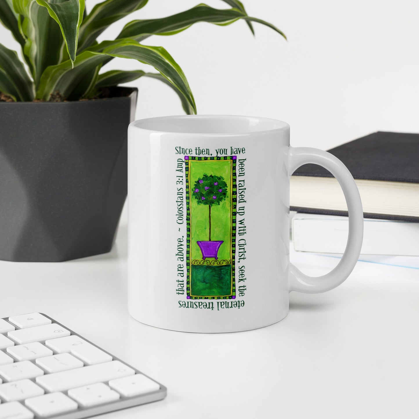 green topiary Christian coffee mug