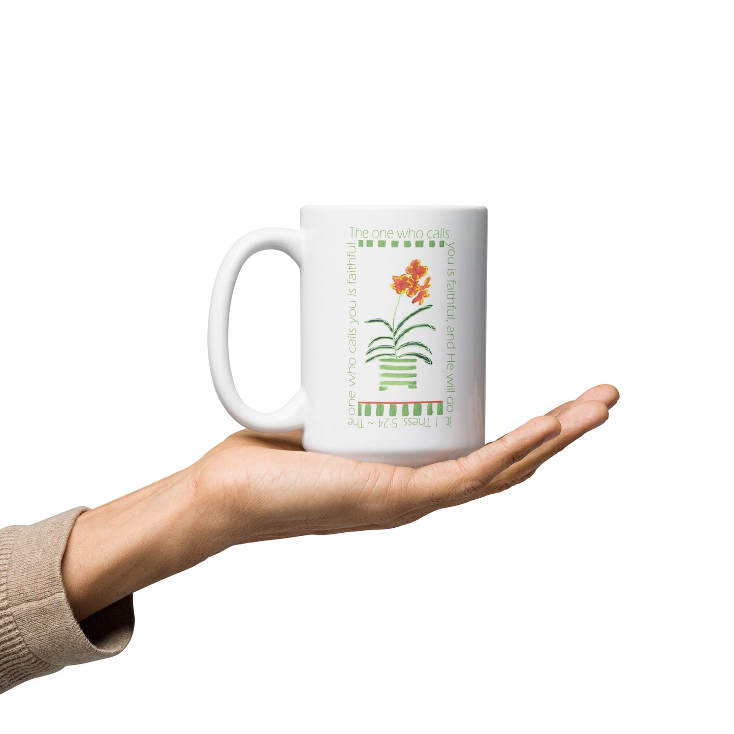 Lively Green - Green Stripes and Orange Flowers Mug