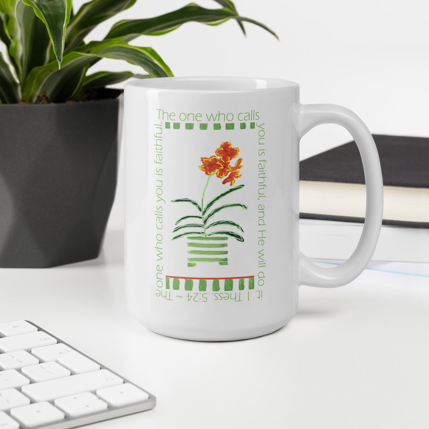 Lively Green - Green Stripes and Orange Flowers Mug