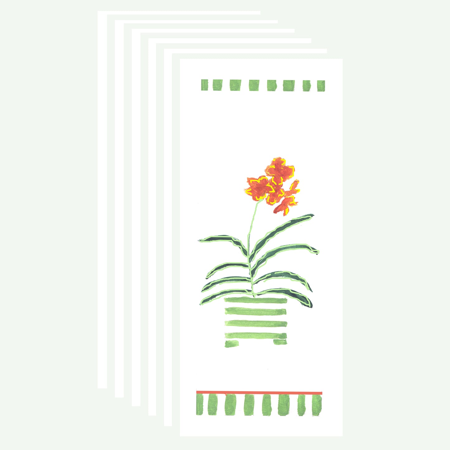 Lively Green - Green Stripes and Orange Flowers Note Cards (Six Cards)