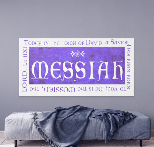 Decorative banner with 'Messiah' text on a gray wall above a bench.