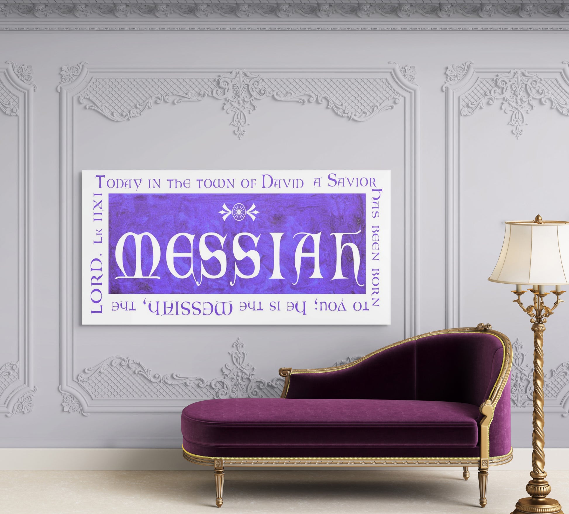 Decorative wall art with 'Messiah' text in a stylish room with a purple couch and gold lamp.