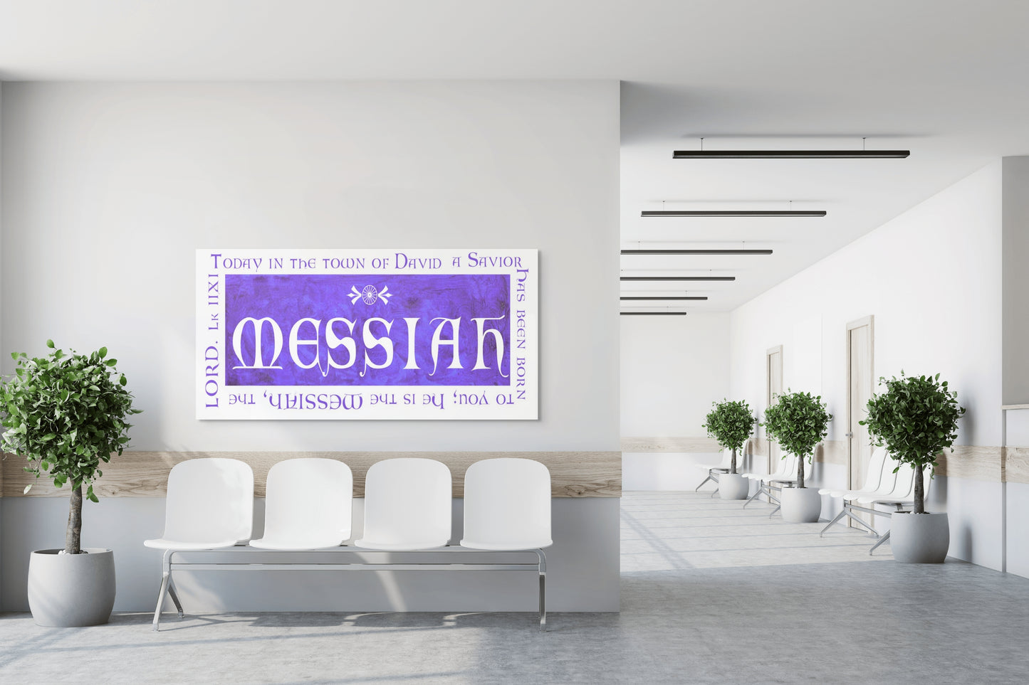 Modern waiting room with a large canvas art that says Messiah on the wall