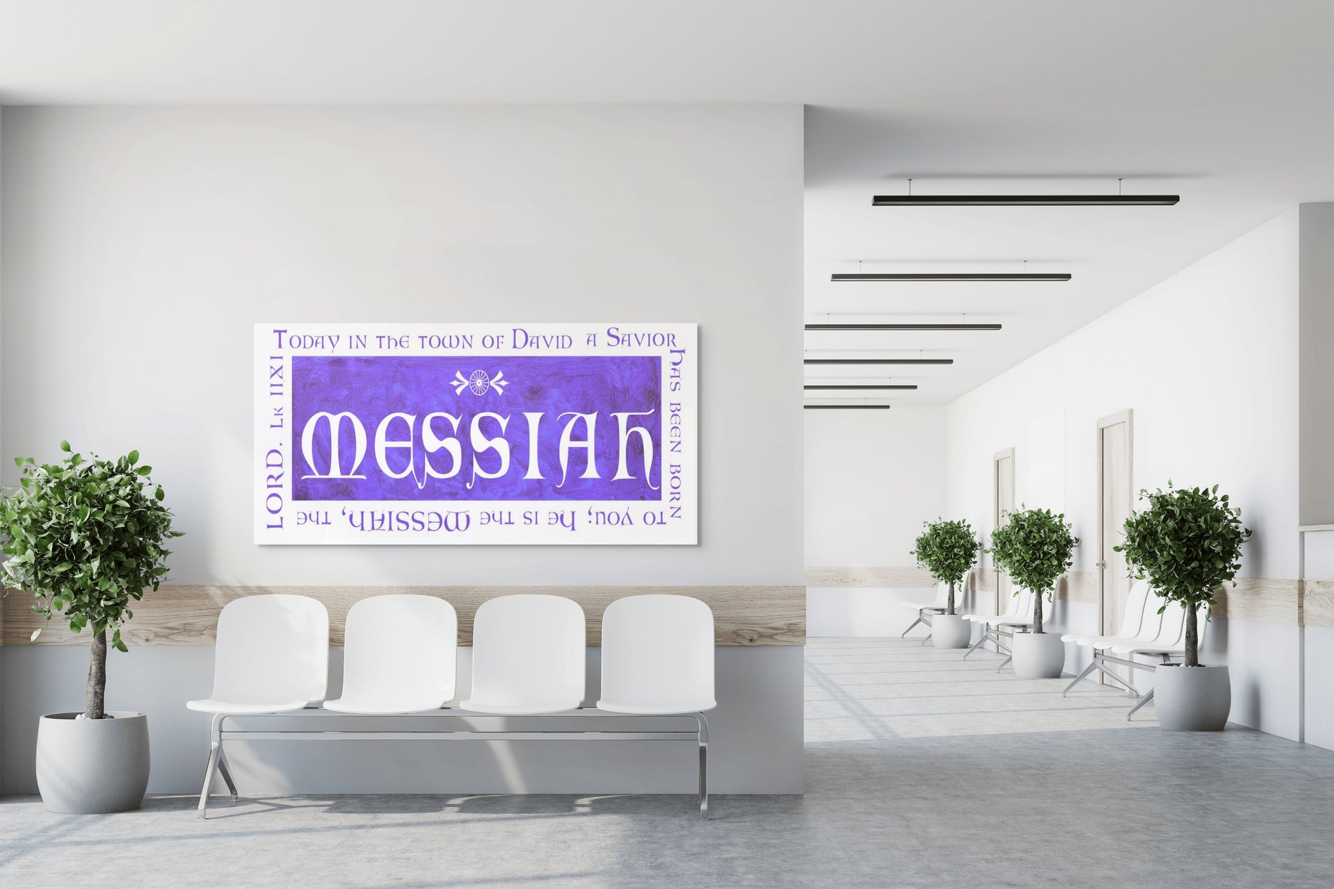 Modern waiting room with a large canvas art that says Messiah on the wall
