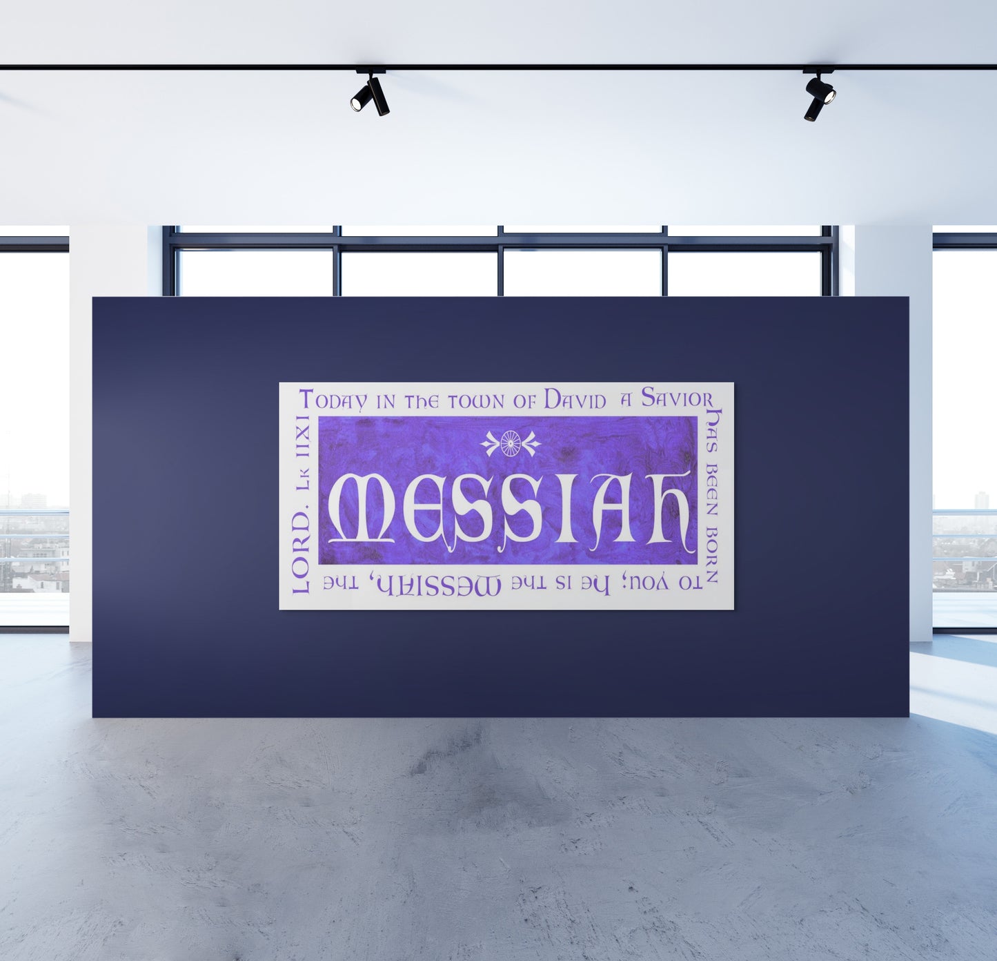 Purple 'Messiah' sign on a blue background with a city landscape in the background