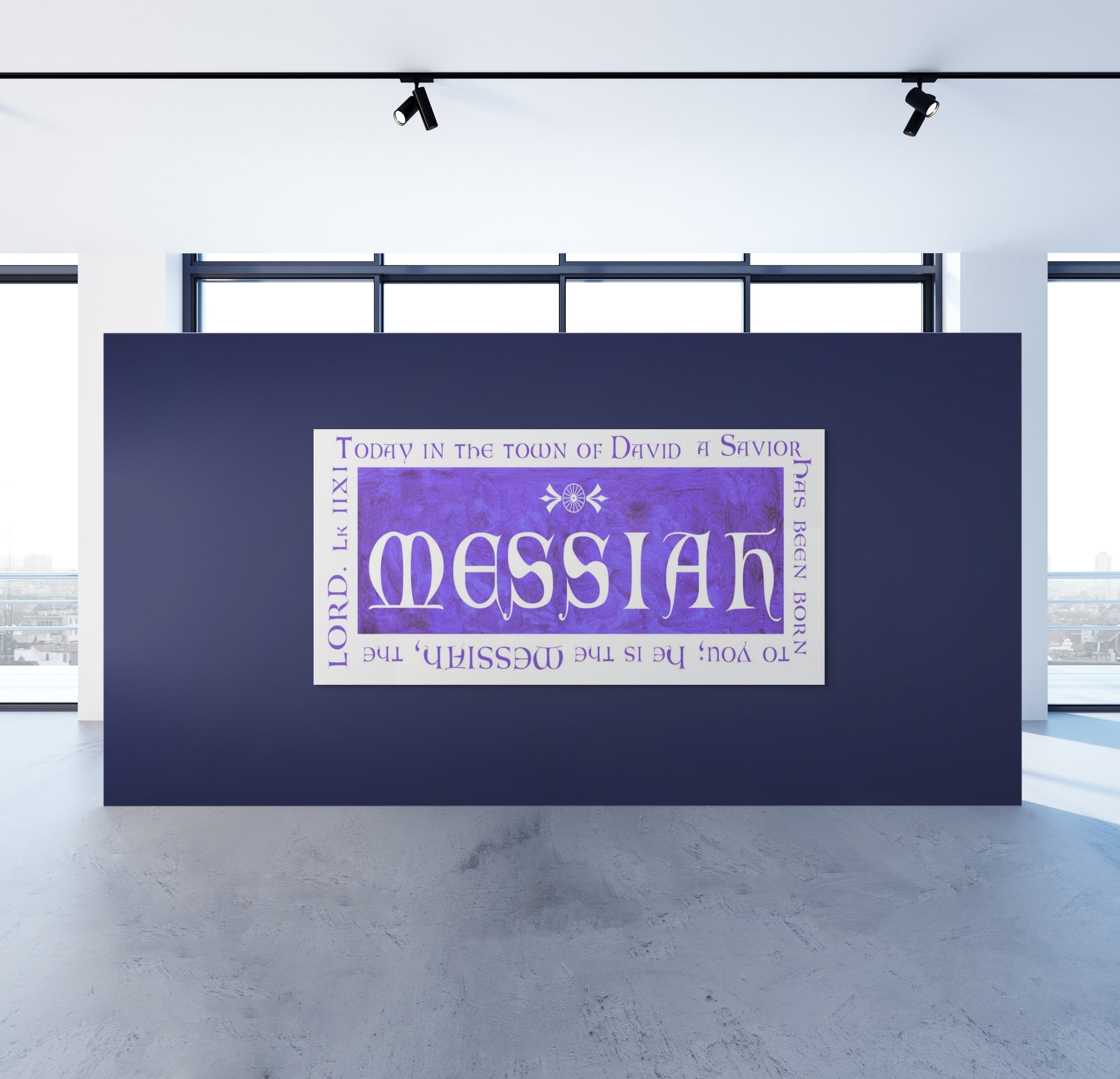 Purple 'Messiah' sign on a blue background with a city landscape in the background