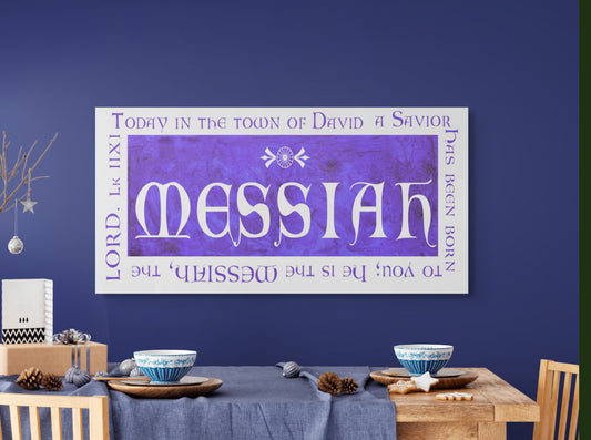 Decorative wall art with religious text in a dining room setting