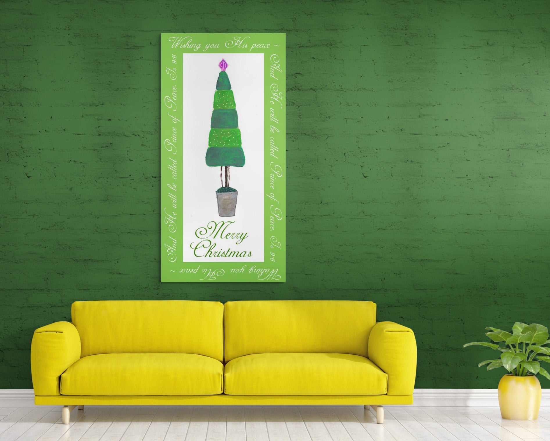 Decorative Christmas tree wall art on a green wall with a yellow couch.