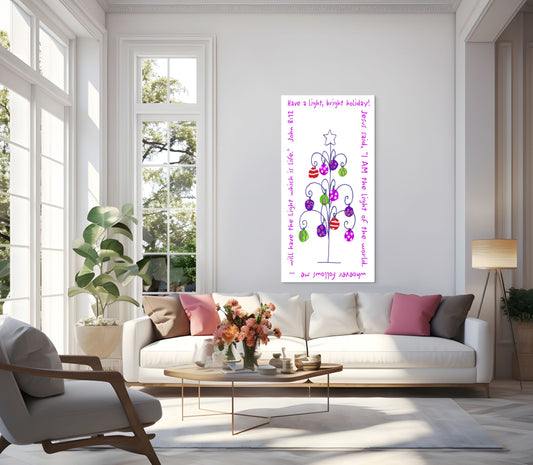 Living room with a large wall art piece featuring a colorful Christmas tree design. Pink Purple Orange Green