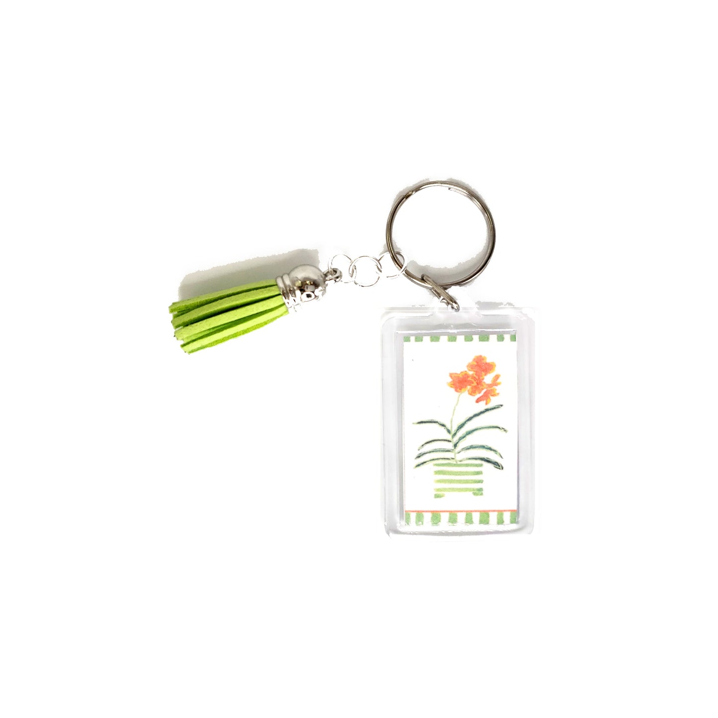 Lively Green - Green Stripes and Orange Flowers Keyring