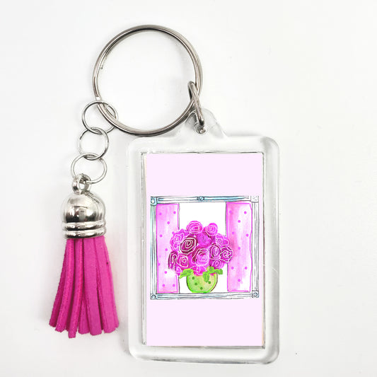 Bright Pink - Roses in a Bowl Key Ring