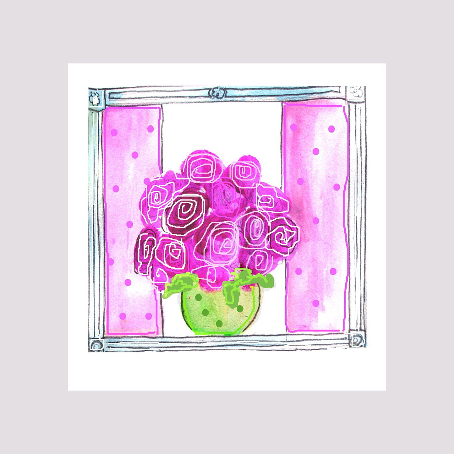 Bright Pink - Roses in a Bowl Square Note Card (Single Card)