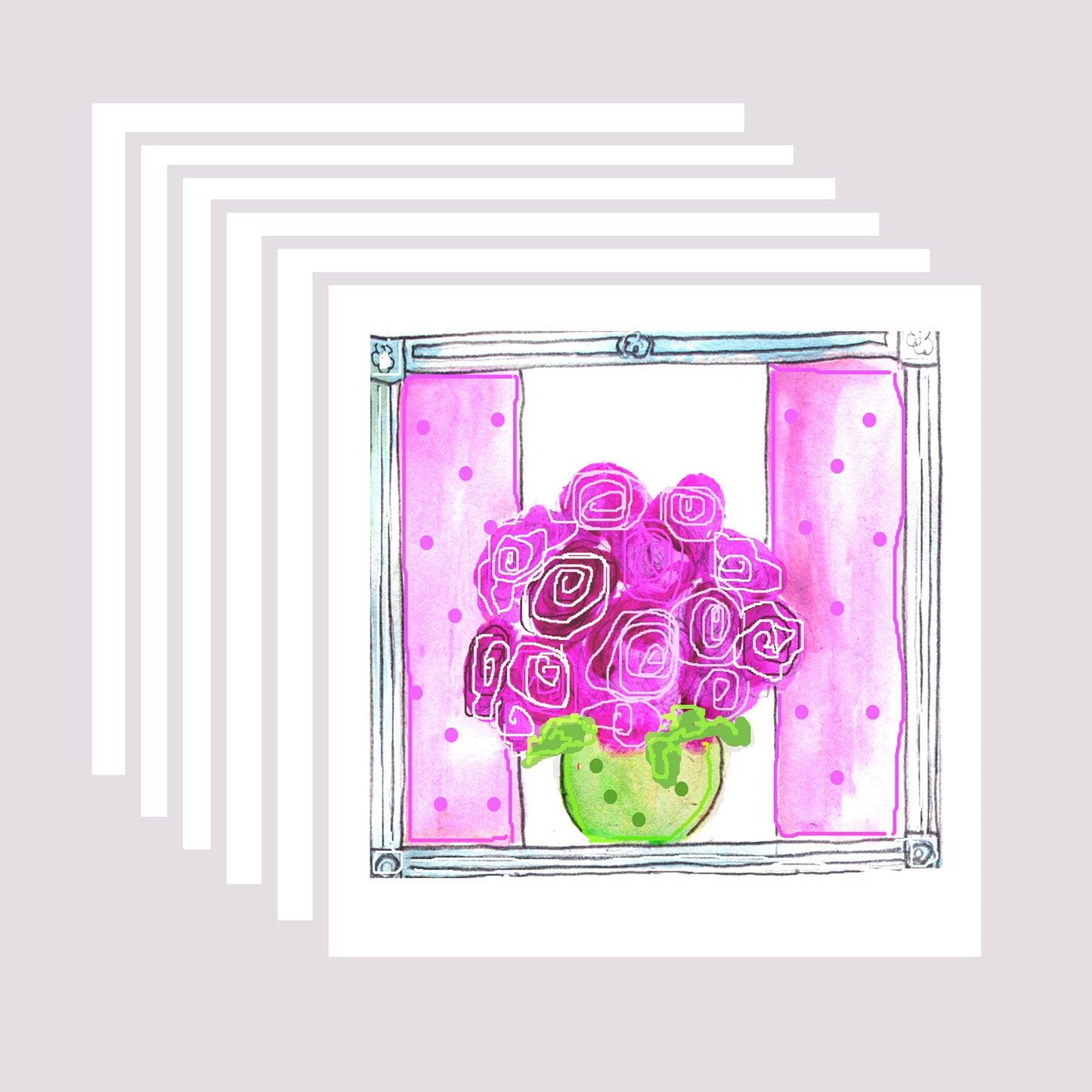 Bright Pink - Roses in a Bowl Square Note Cards (Six Cards)