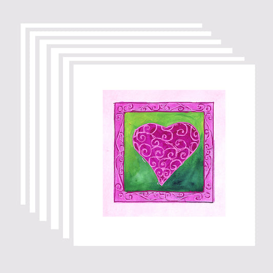 Bright Pink - Pink Heart Square Note Cards (Six Cards)
