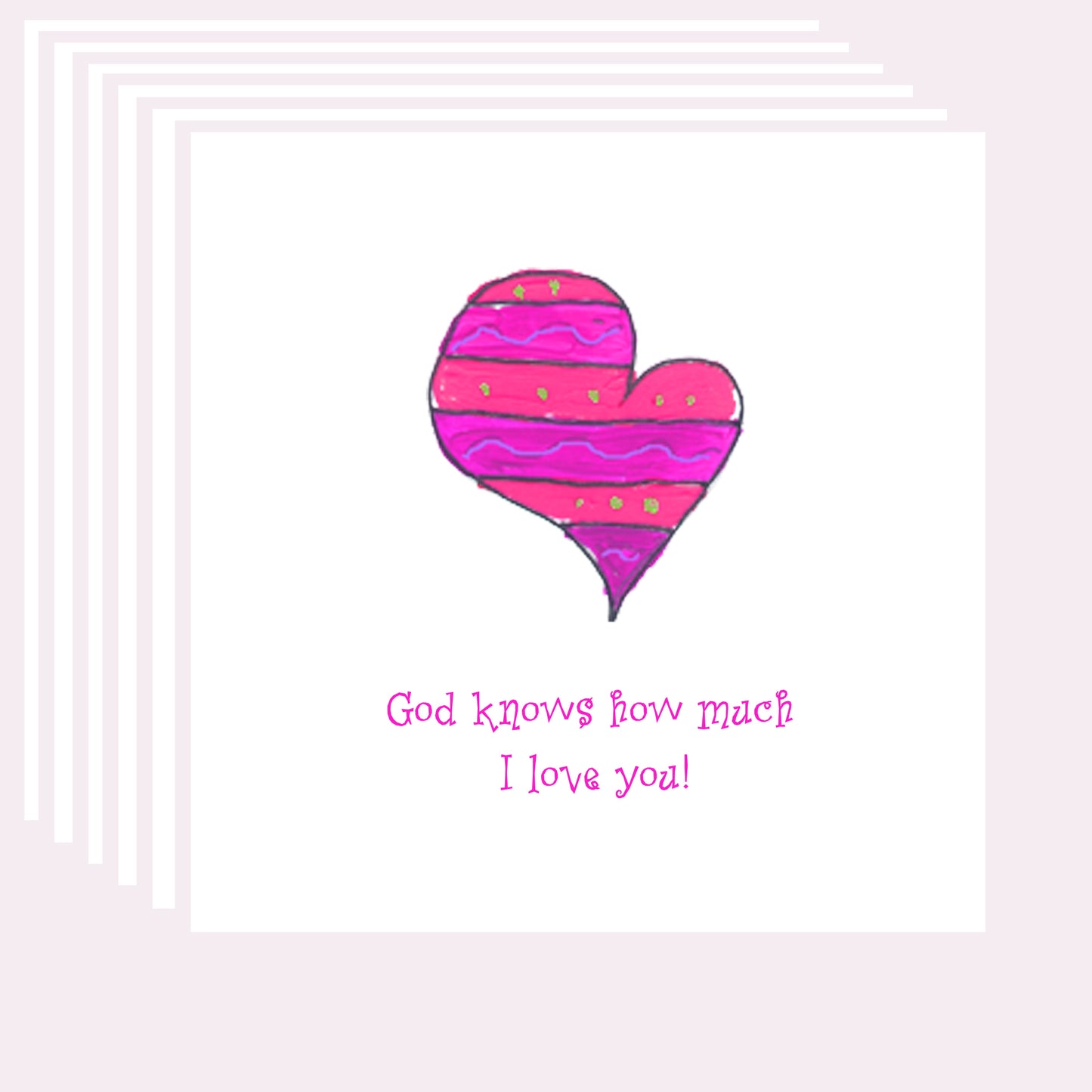 Bright Pink - Striped Heart Note Card (Six Cards)